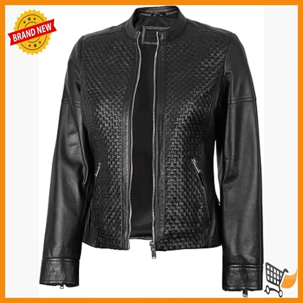 Lambskin Leather Jacket Women's Cafe Racer Style Zipper Closure